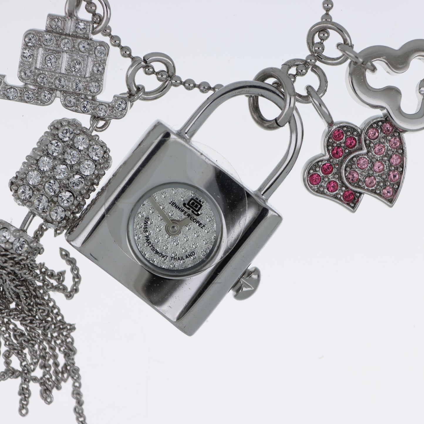 Jennifer Lopez Collana Orologio Lucchetto Argento Charm Cristalli Swiss Parts