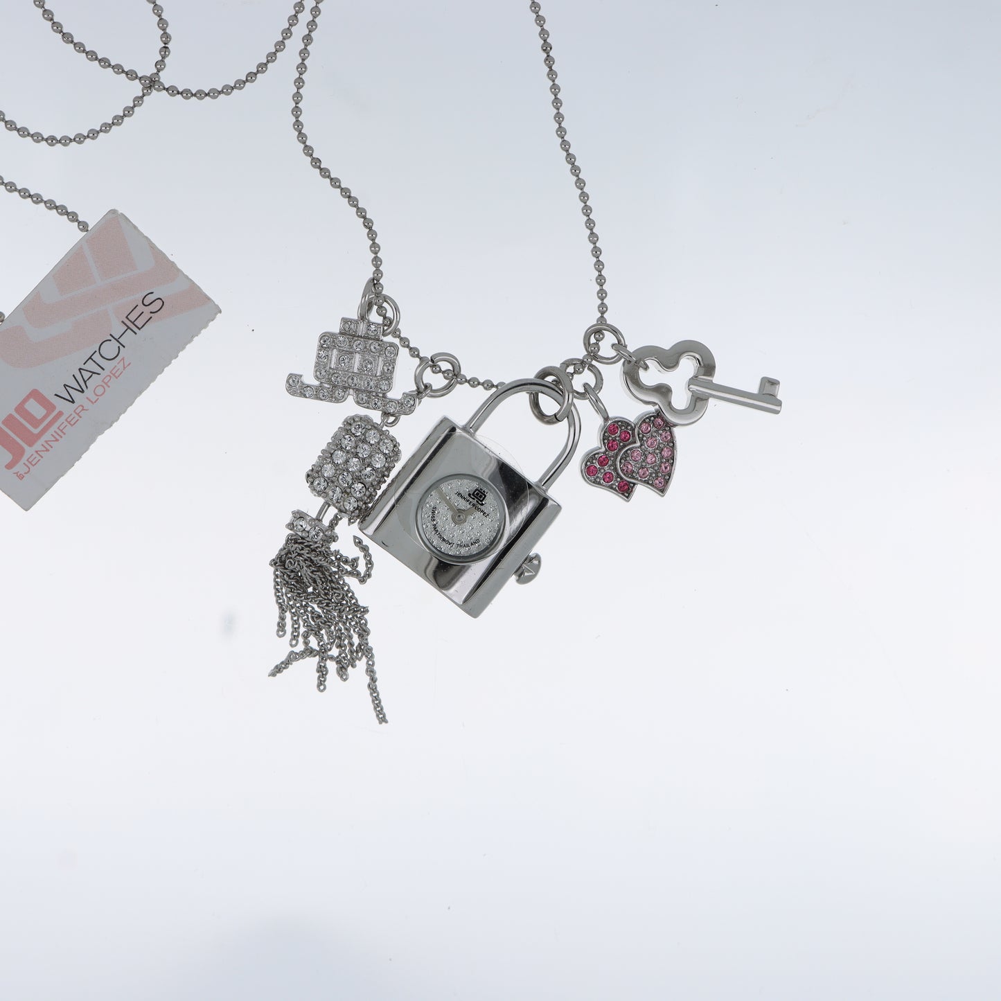 Jennifer Lopez Collana Orologio Lucchetto Argento Charm Cristalli Swiss Parts