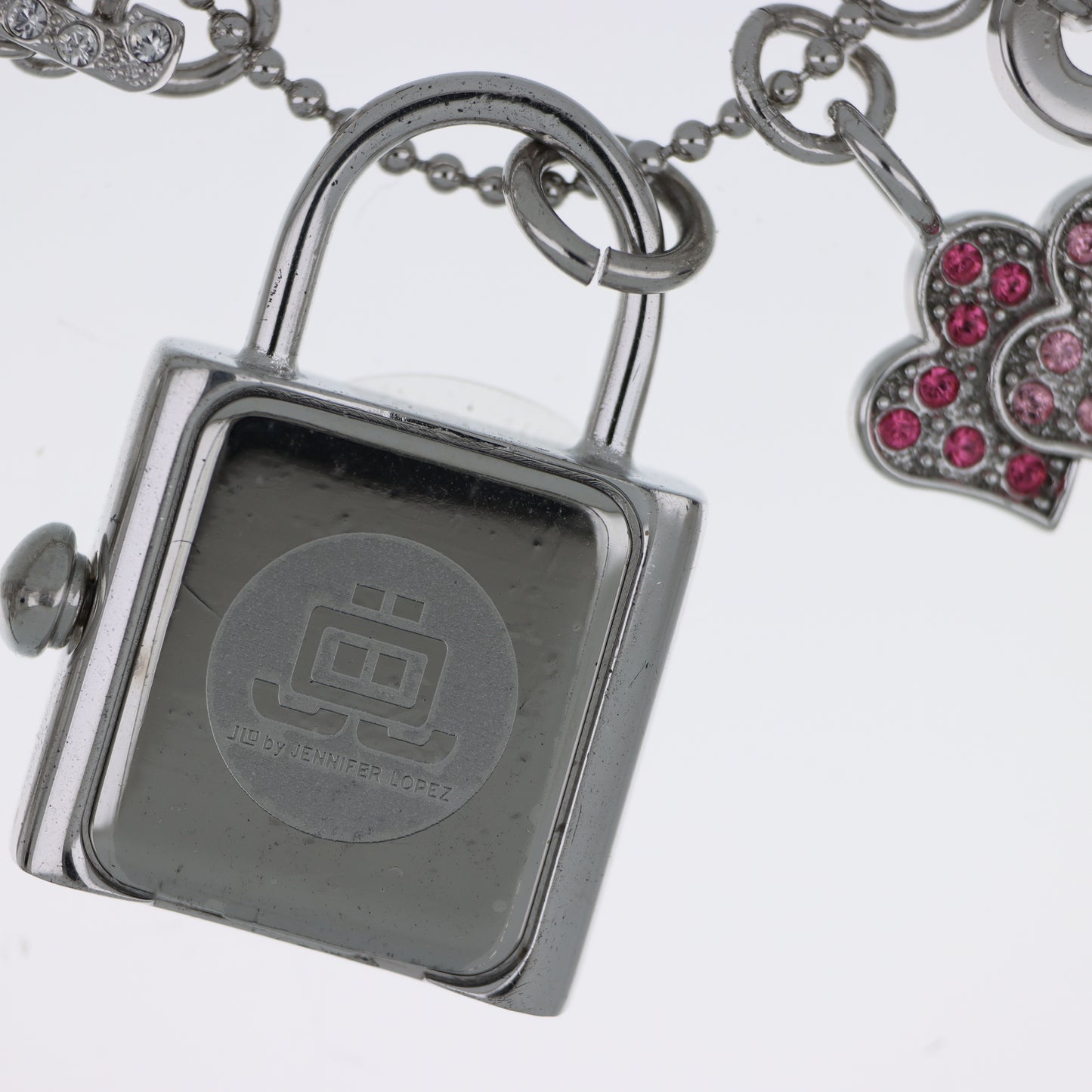 Jennifer Lopez Collana Orologio Lucchetto Argento Charm Cristalli Swiss Parts