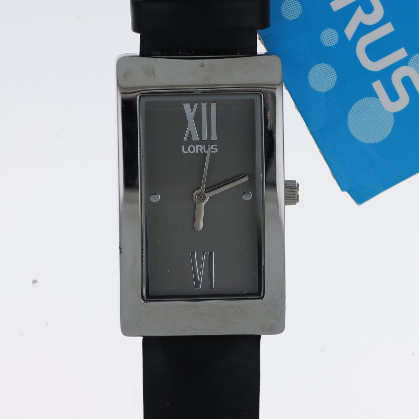 Lorus Orologio Donna Rettangolare Argento Quadrante Grigio Numeri Romani Cinturino Pelle Nera