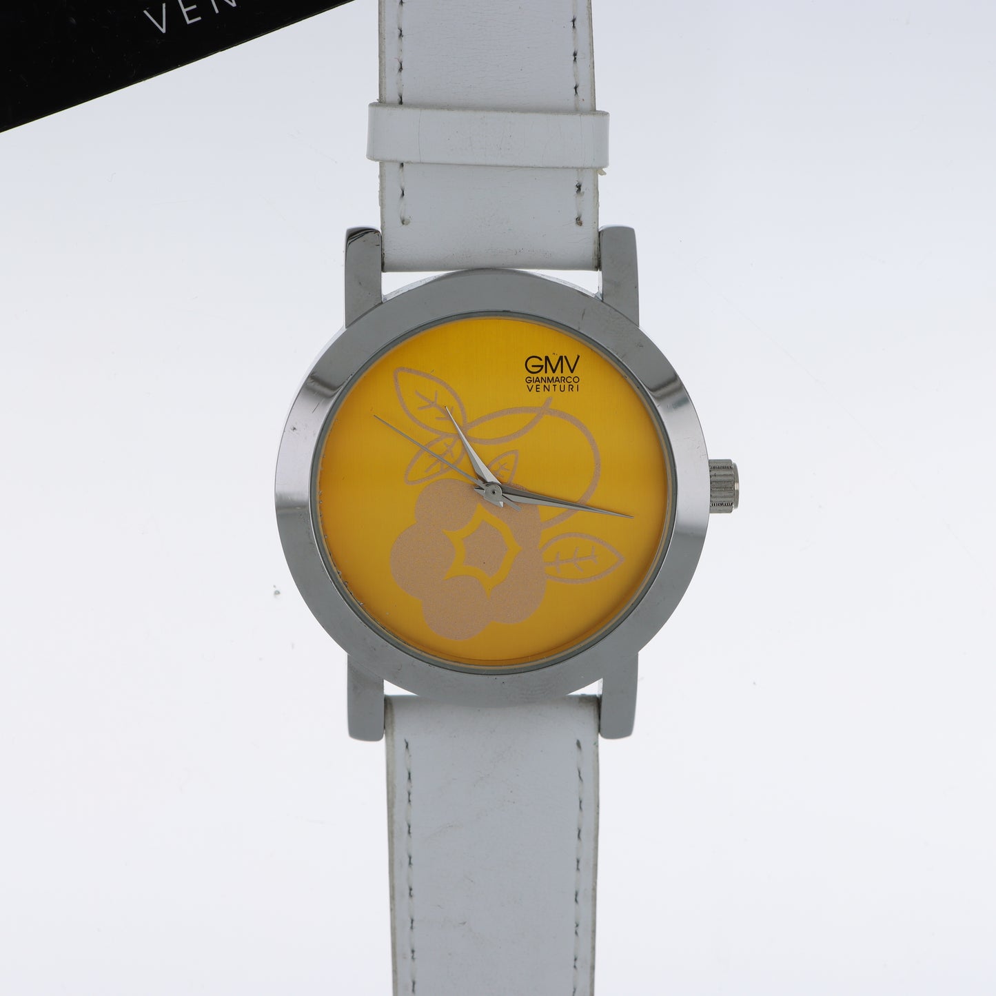 GMV Gianmarco Venturi Orologio Donna Tondo Giallo Limone Motivo Floreale Cinturino Bianco