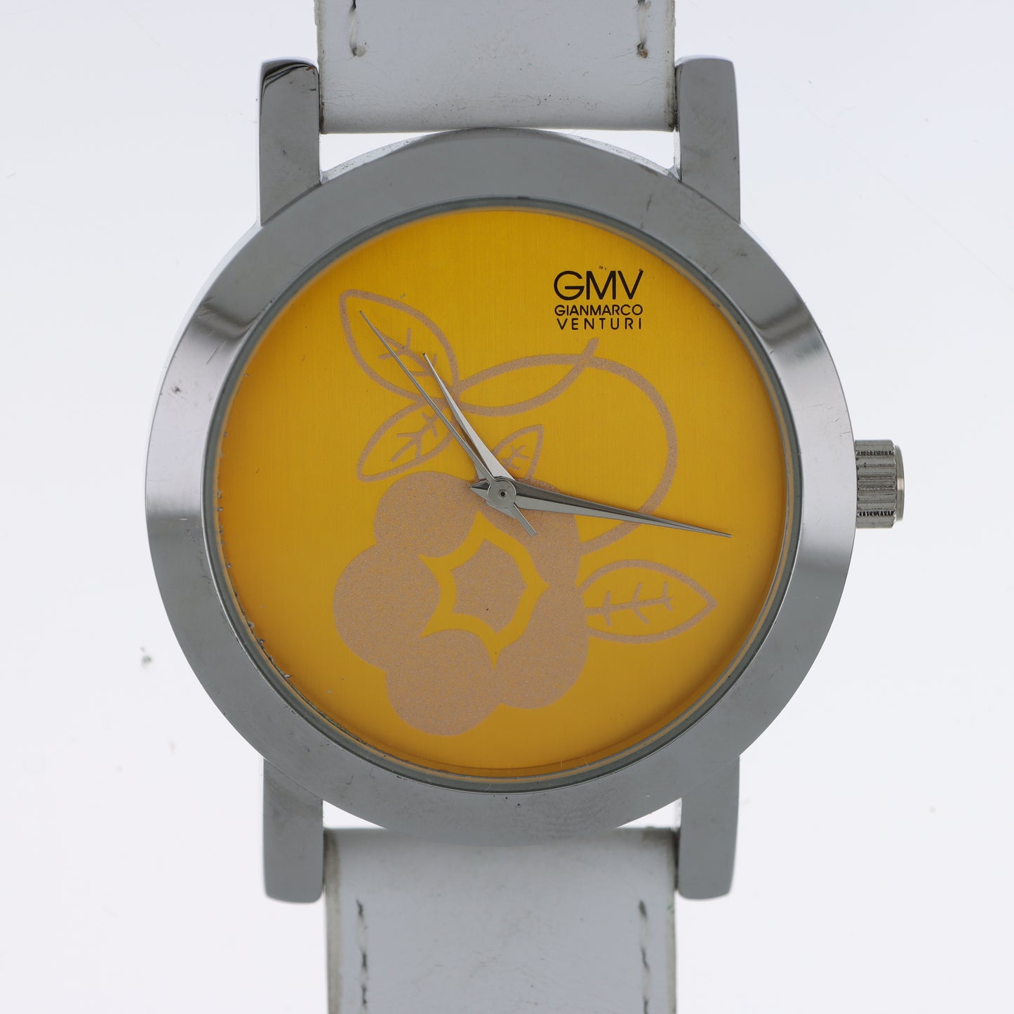 GMV Gianmarco Venturi Orologio Donna Tondo Giallo Limone Motivo Floreale Cinturino Bianco