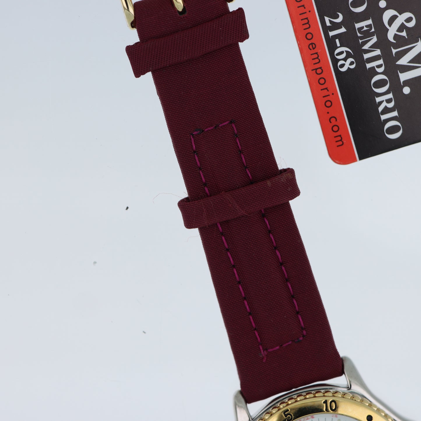 M.&M. Primo Emporio 21-68 – Orologio Uomo Sport Bezel Dorato Numeri Rossi Cinturino Tessuto 30M