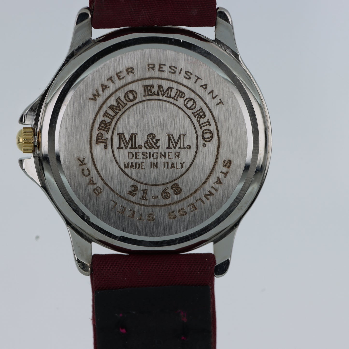 M.&M. Primo Emporio 21-68 – Orologio Uomo Sport Bezel Dorato Numeri Rossi Cinturino Tessuto 30M