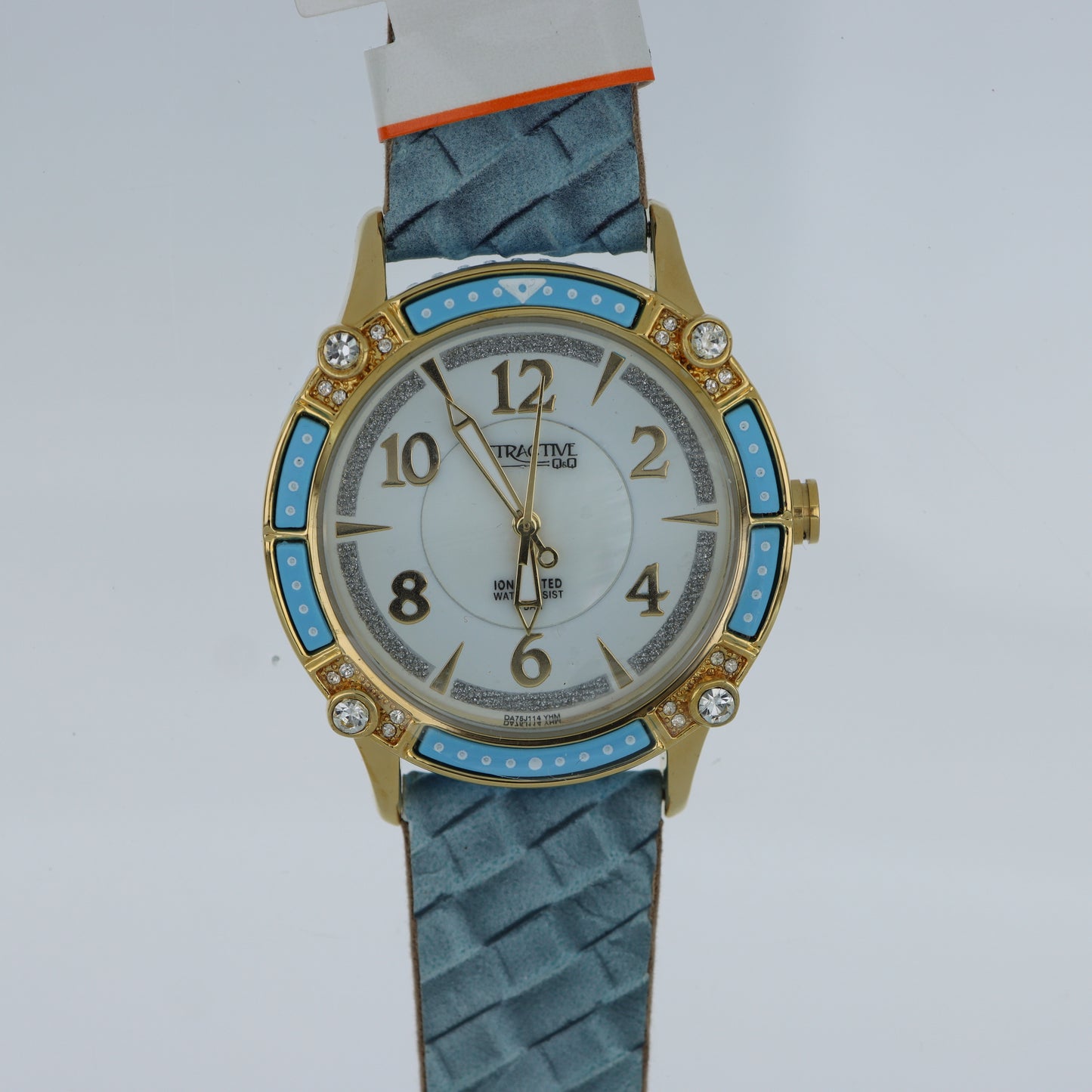 Q&Q Attractive – Orologio Donna Bezel Blu Smaltato Cristalli Madreperla Cinturino Trapuntato 5 Bar
