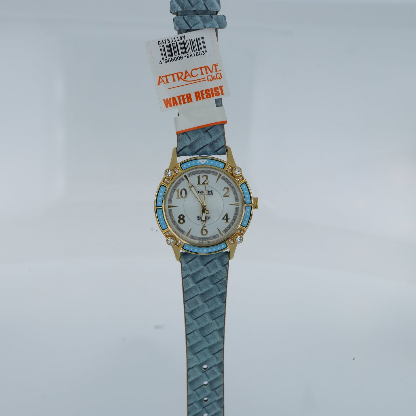 Q&Q Attractive – Orologio Donna Bezel Blu Smaltato Cristalli Madreperla Cinturino Trapuntato 5 Bar