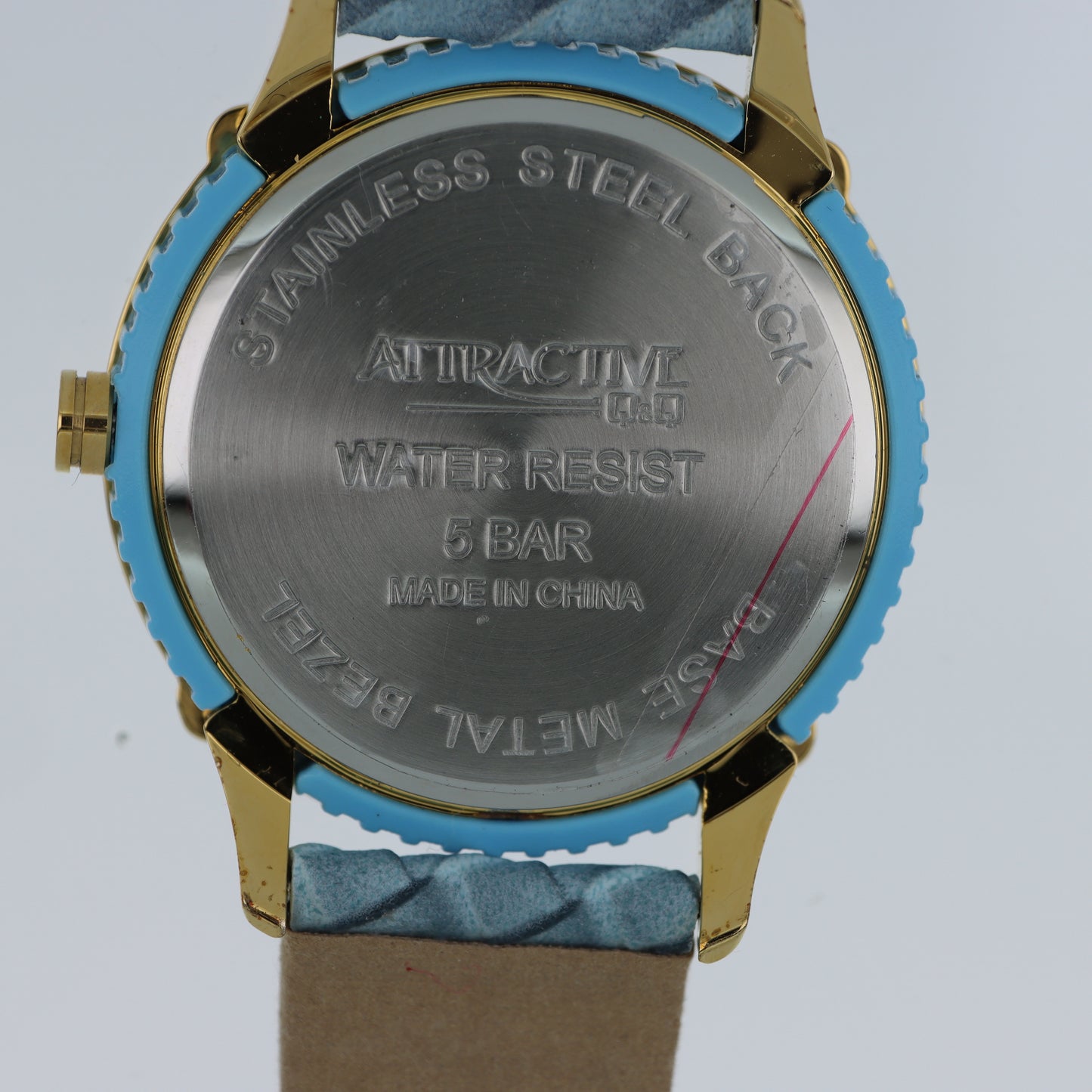 Q&Q Attractive – Orologio Donna Bezel Blu Smaltato Cristalli Madreperla Cinturino Trapuntato 5 Bar