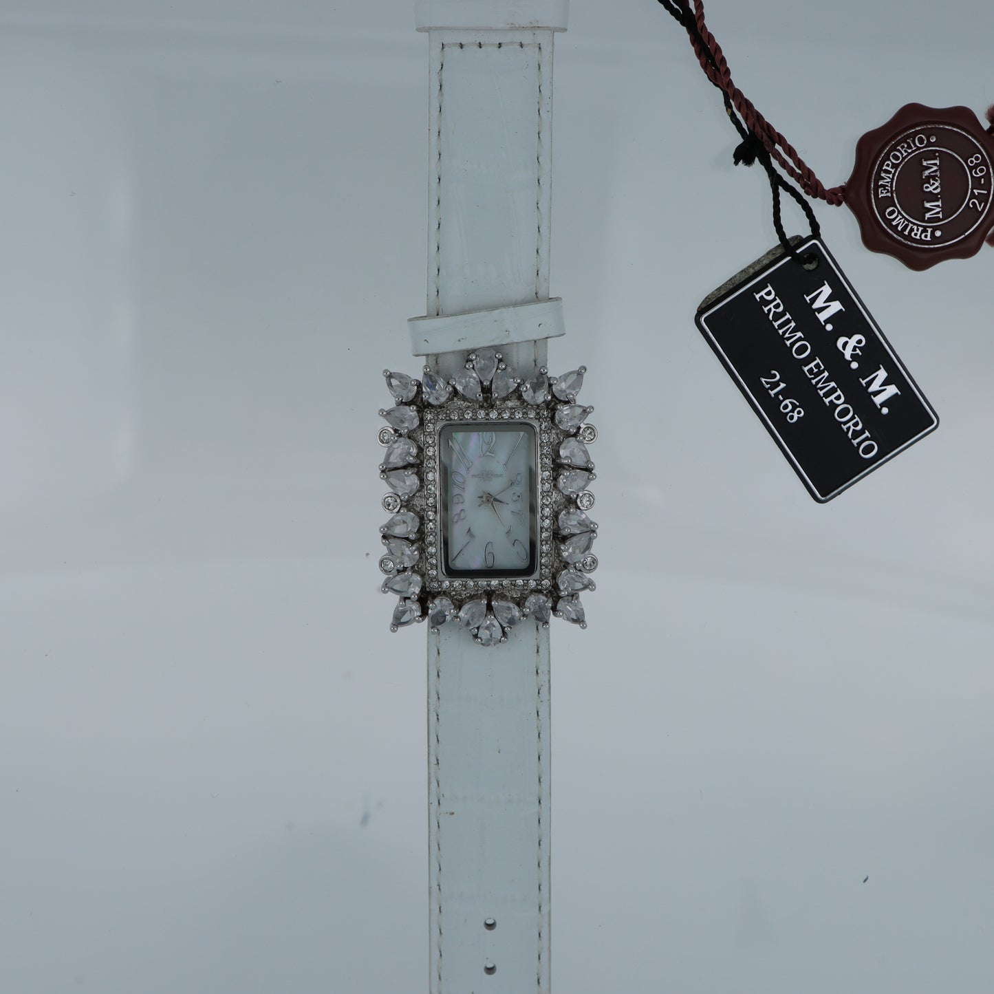 M.&M. Primo Emporio 21-68 – Orologio Donna Corona Cristalli Marquise Argento Madreperla Cinturino Bianco