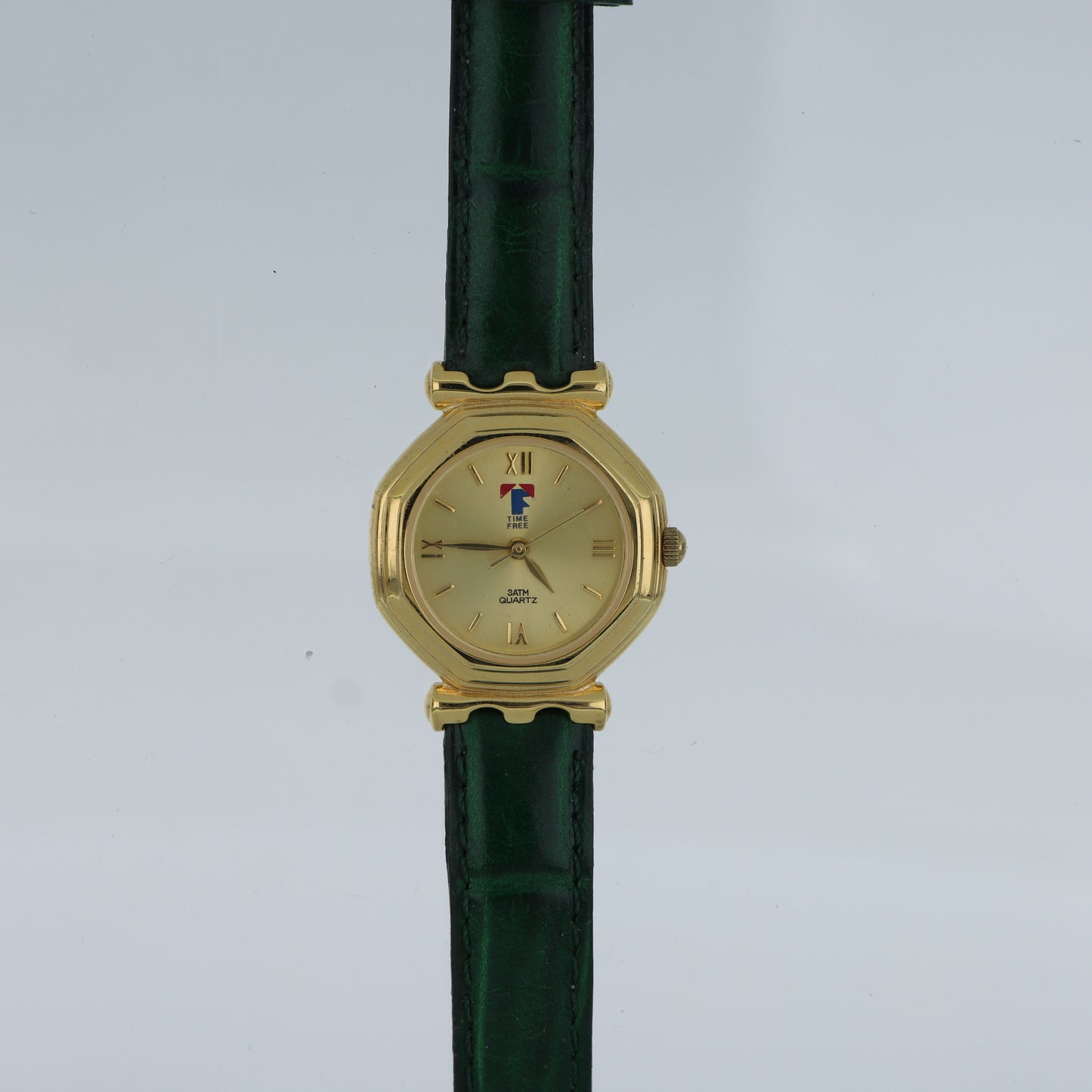 Time Free – Orologio Unisex Cassa Ottagonale Oro Quadrante Champagne Numeri Romani Cinturino Verde 3ATM