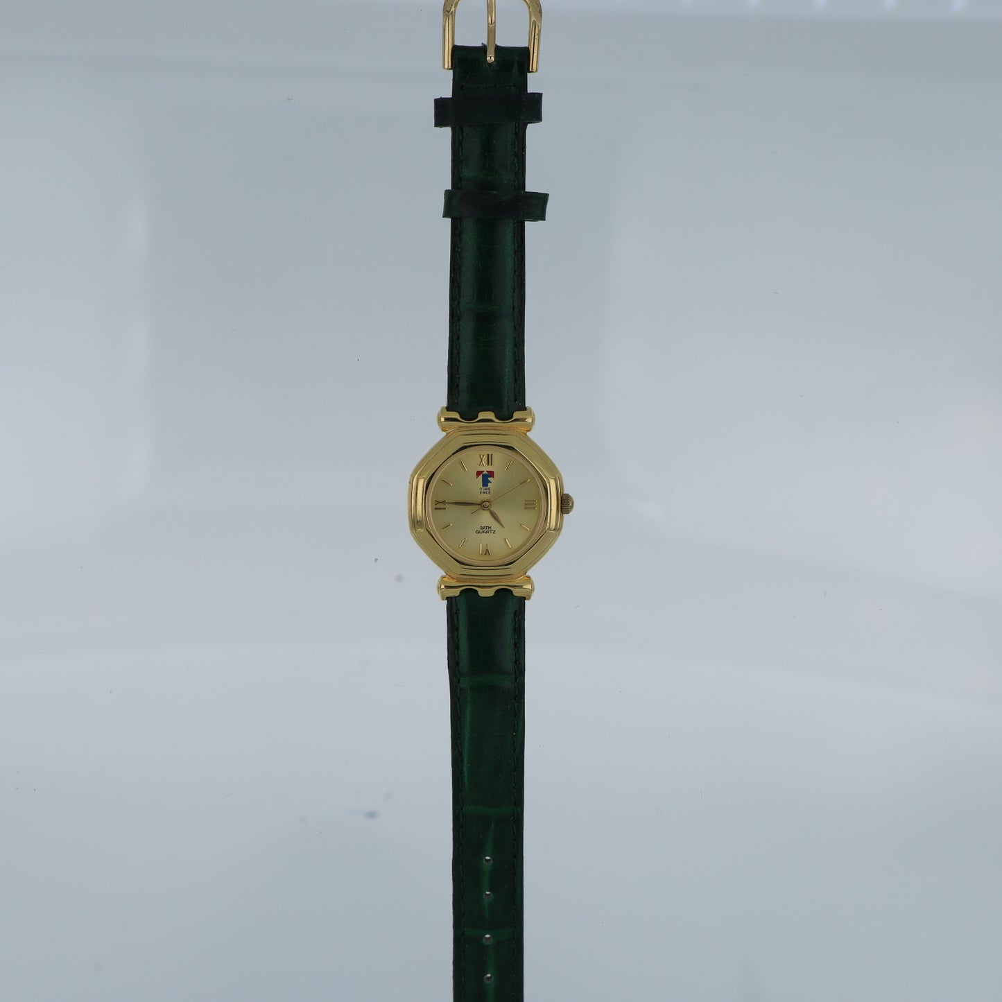 Time Free – Orologio Unisex Cassa Ottagonale Oro Quadrante Champagne Numeri Romani Cinturino Verde 3ATM