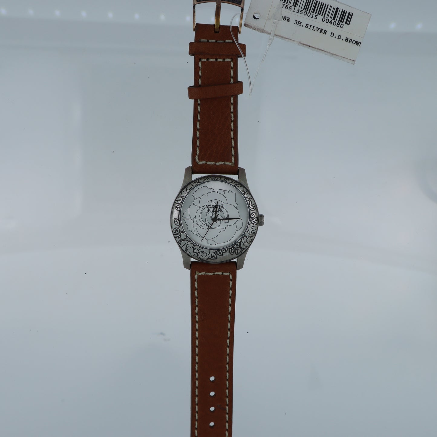 Mariella Burani – Orologio Donna Quadrante Bianco Rosa Incisa Bezel Anticato Arabeschi Cinturino Cuoio Cognac