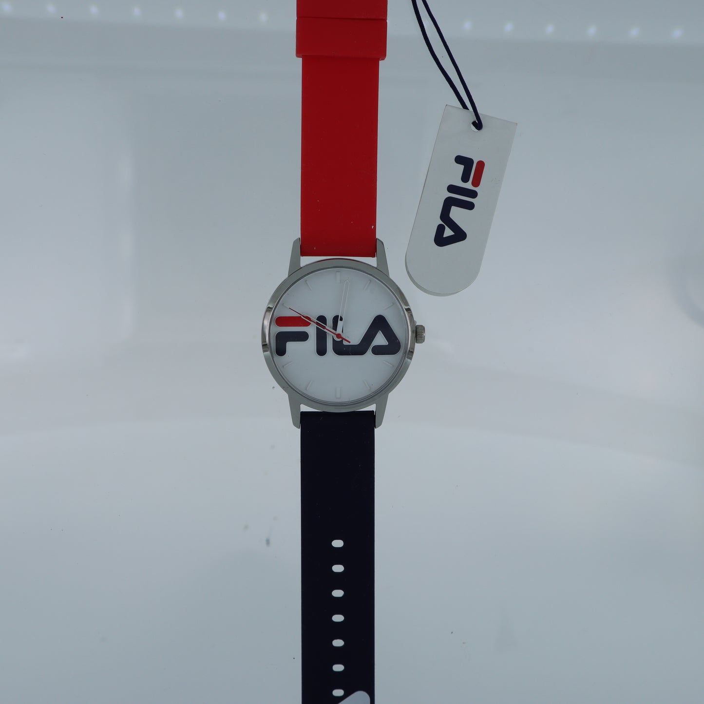 FILA Orologio Unisex – Maxi Logo Quadrante Bianco Cinturino Bicolore Rosso e Blu