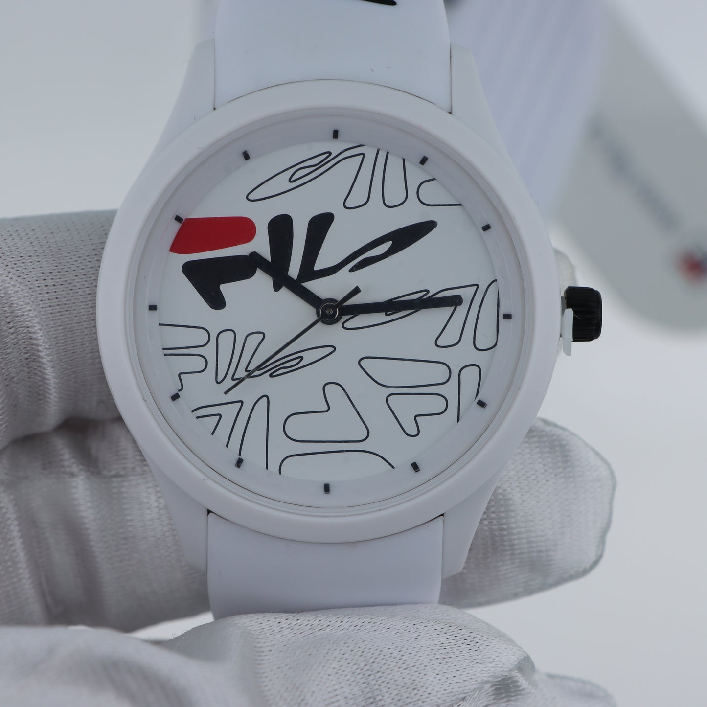FILA Orologio Unisex – All-Over Logo Print Quadrante Bianco Cassa e Cinturino Bianchi