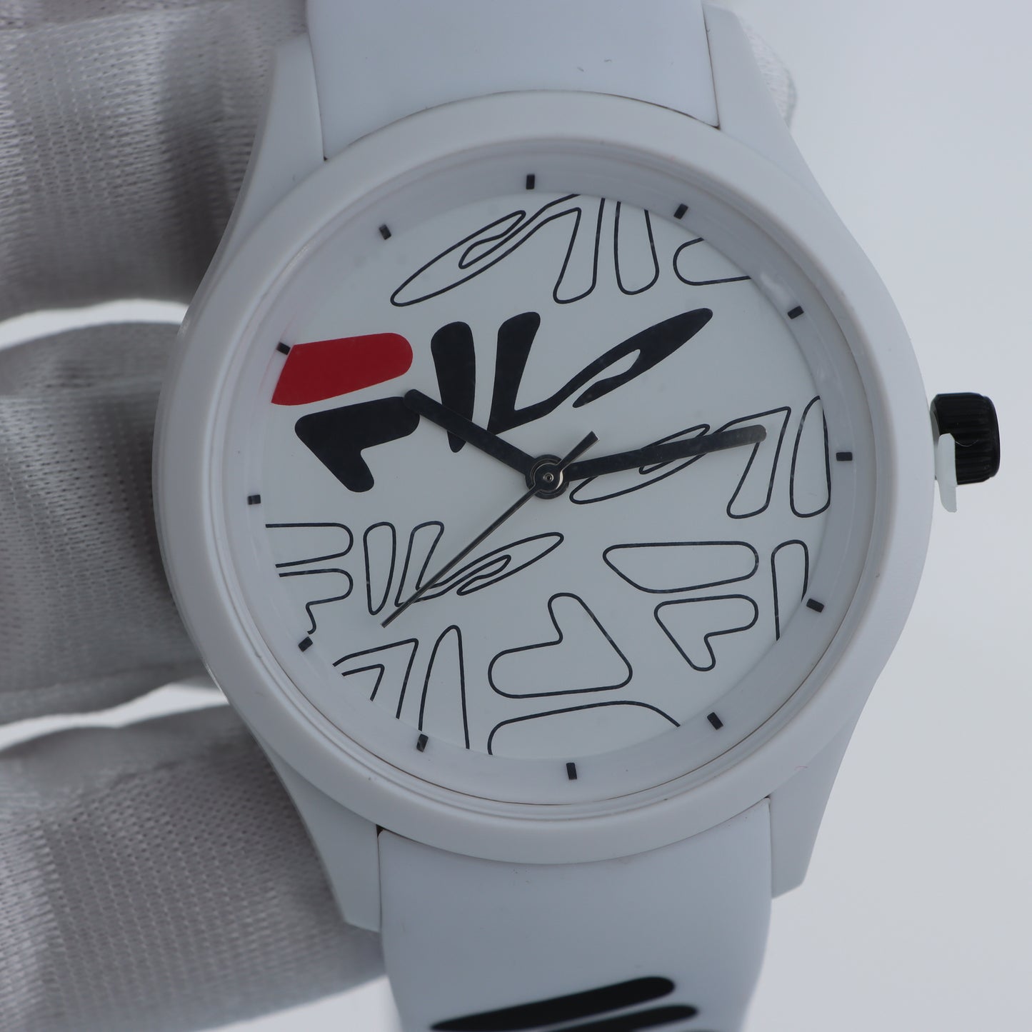 FILA Orologio Unisex – All-Over Logo Print Quadrante Bianco Cassa e Cinturino Bianchi