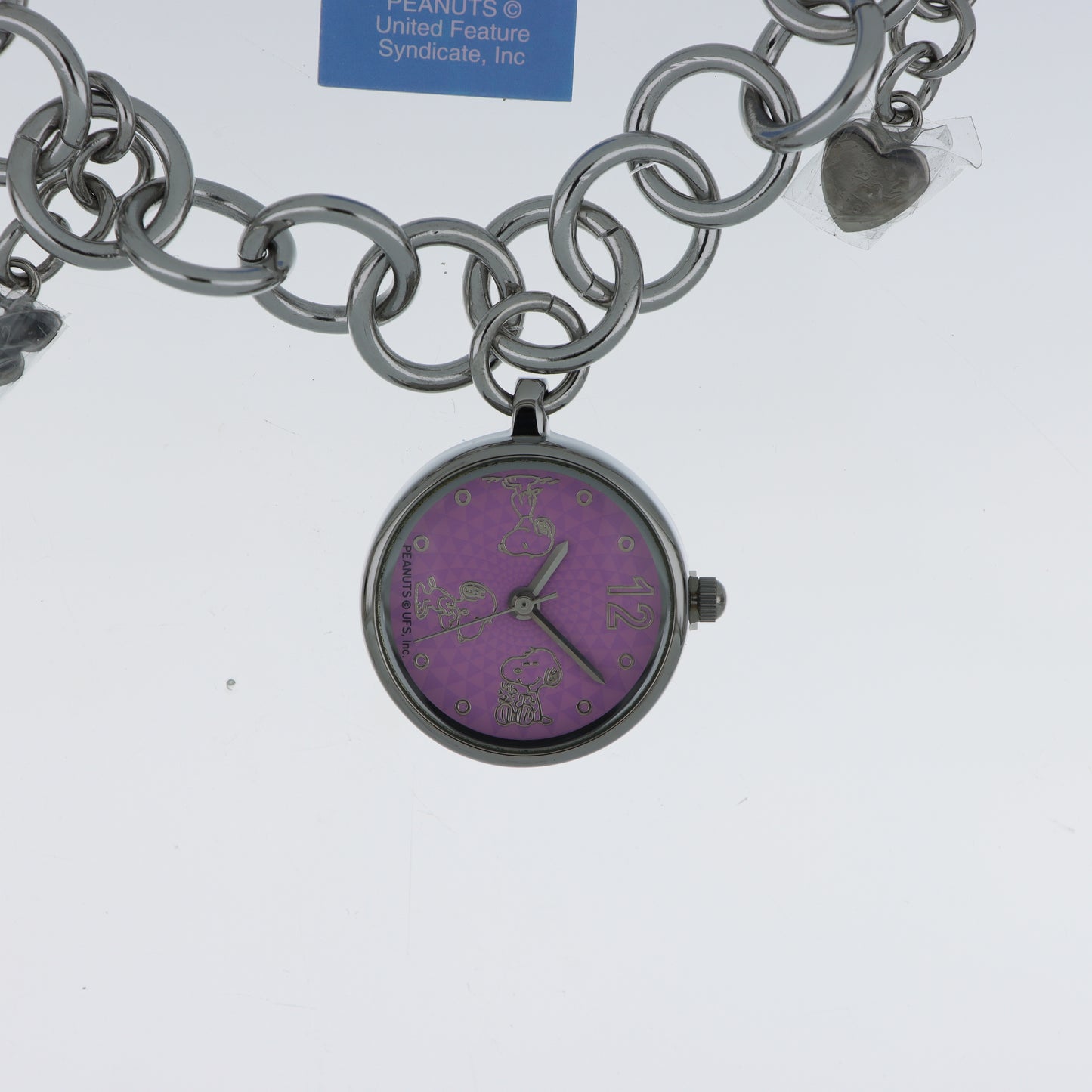 Peanuts Snoopy Orologio Bracciale Charm – Quadrante Viola Acciaio Cuori Snoopy & Woodstock