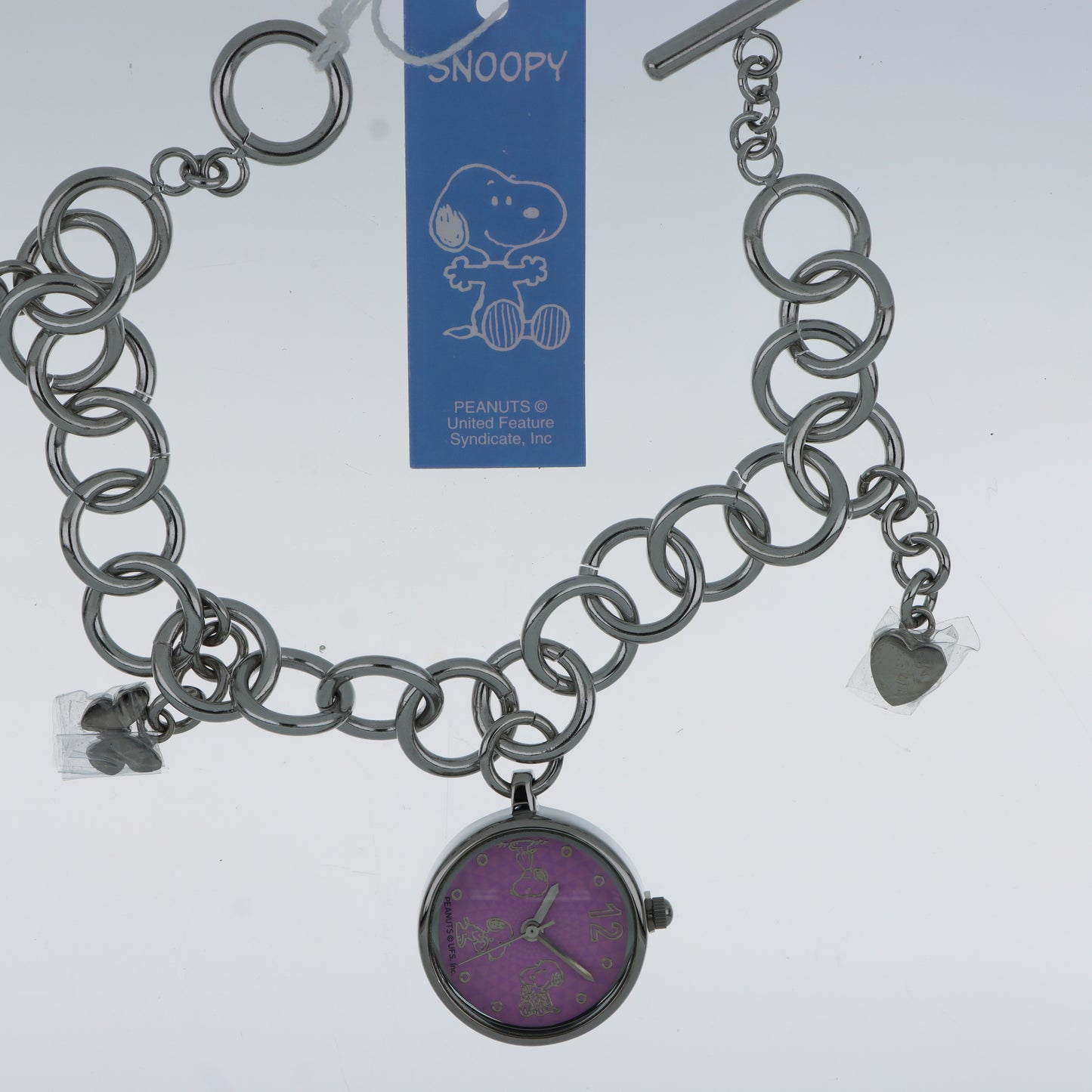 Peanuts Snoopy Orologio Bracciale Charm – Quadrante Viola Acciaio Cuori Snoopy & Woodstock