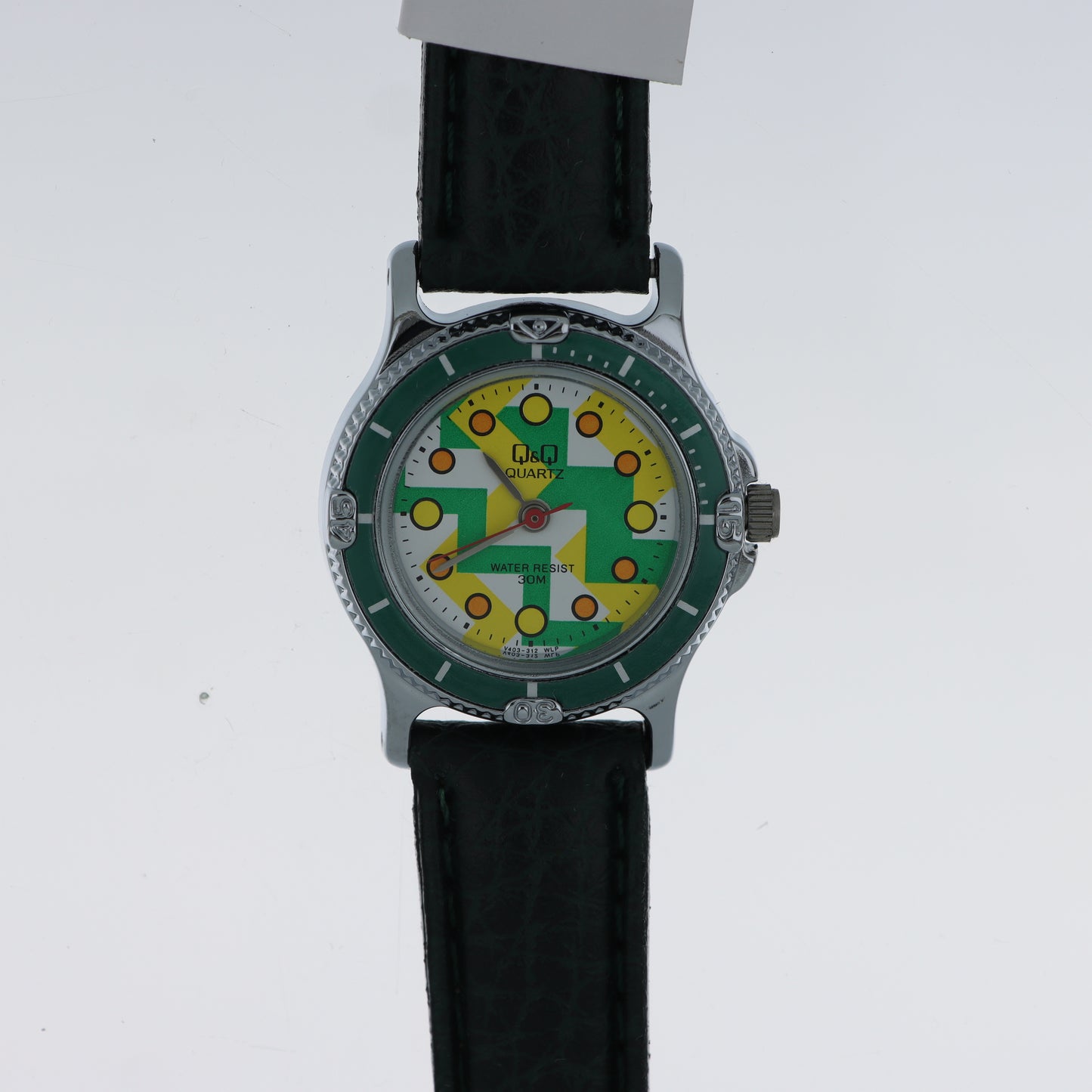 Q&Q Quartz Orologio Uomo – Diver Style Quadrante Grafico Verde Giallo Arancio Cinturino Pelle WR 30M