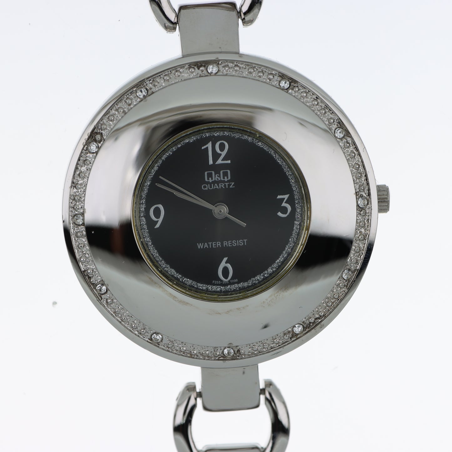 Q&Q Quartz Orologio Donna – Doppio Anello Cristalli Quadrante Nero Bracciale Acciaio Water Resist