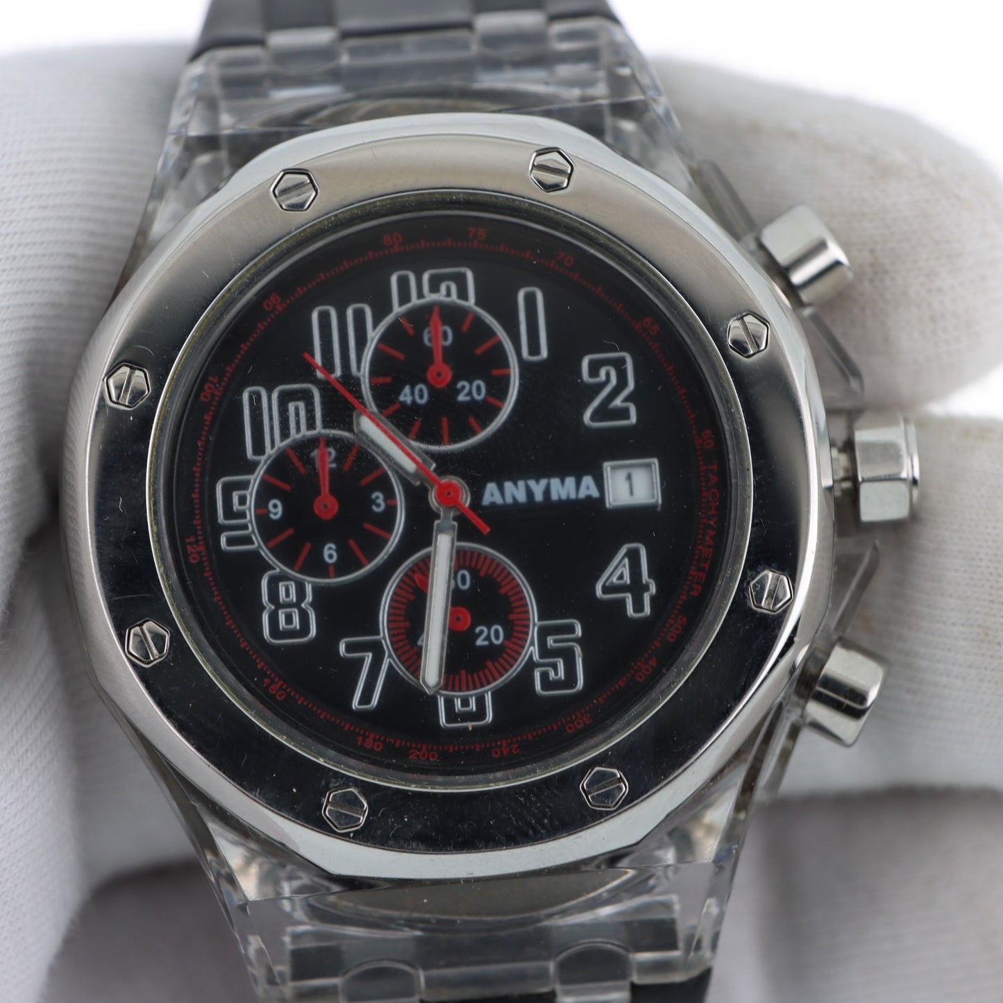Anyma – Orologio Cronografo Cassa Trasparente Stile Royal Oak Quadrante Nero con Data