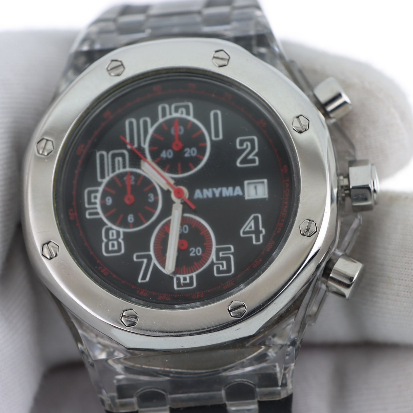 Anyma – Orologio Cronografo Cassa Trasparente Stile Royal Oak Quadrante Nero con Data