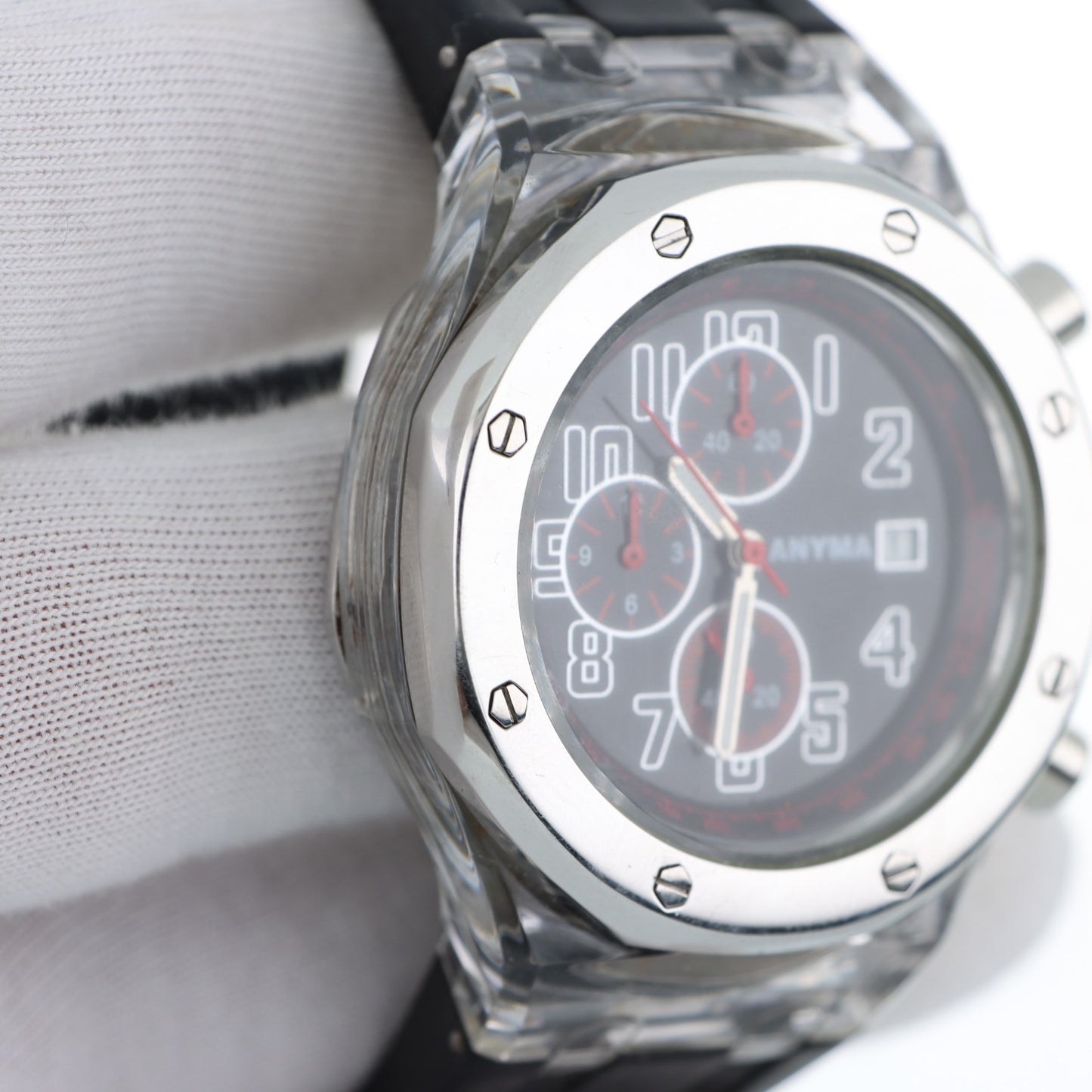 Anyma – Orologio Cronografo Cassa Trasparente Stile Royal Oak Quadrante Nero con Data