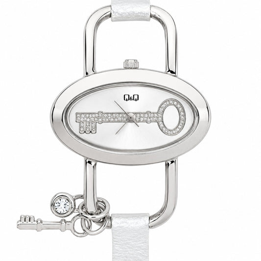 Q&Q – Orologio Donna Lucchetto Charm Chiave Cristalli Pavé Madreperla Quarzo Giapponese | Cinturino Rosa o Silver