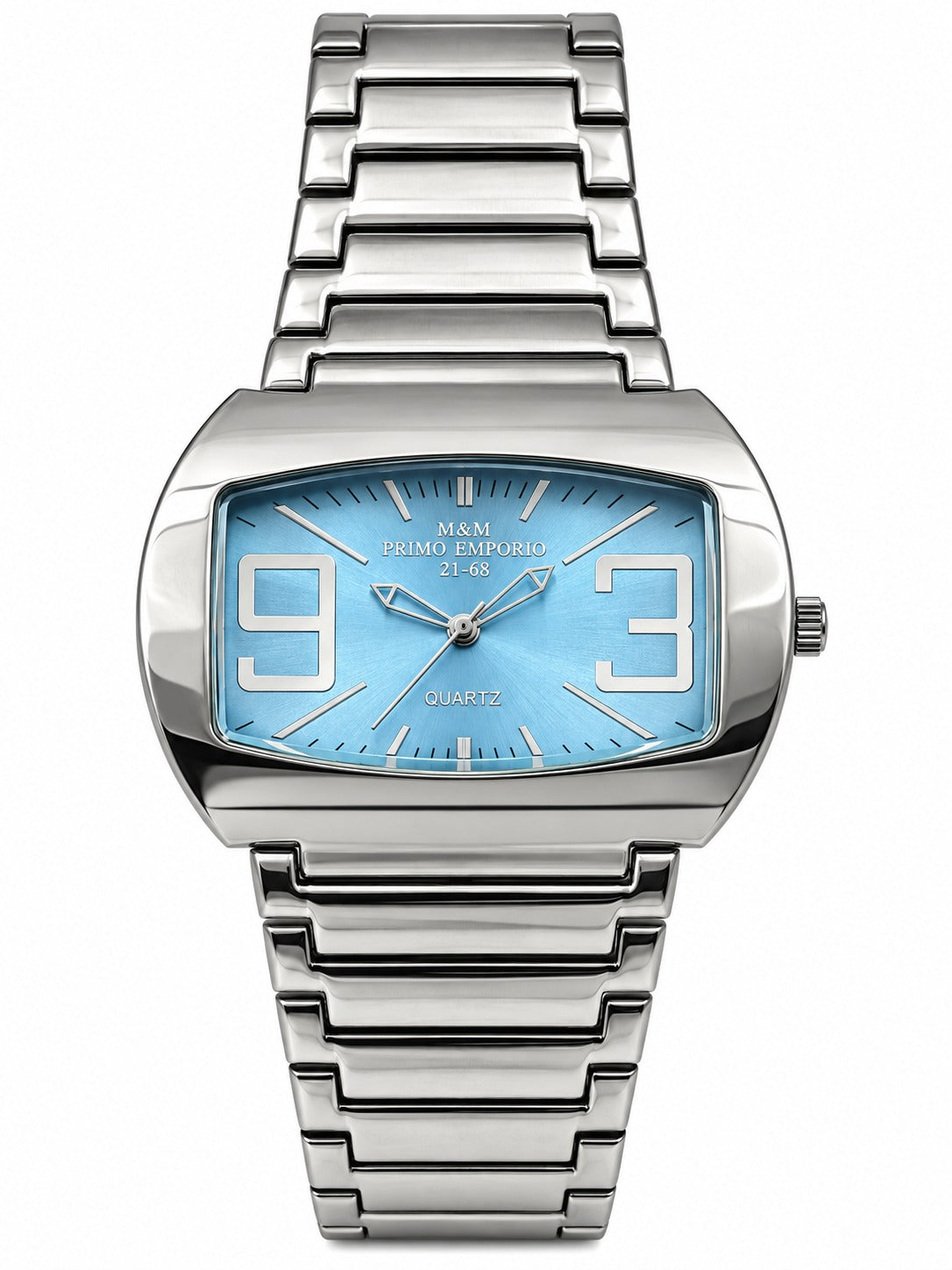 M&M Primo Emporio 21-68 – Orologio Unisex Barrel Cushion Numeri Oversize Bracciale Acciaio Quarzo