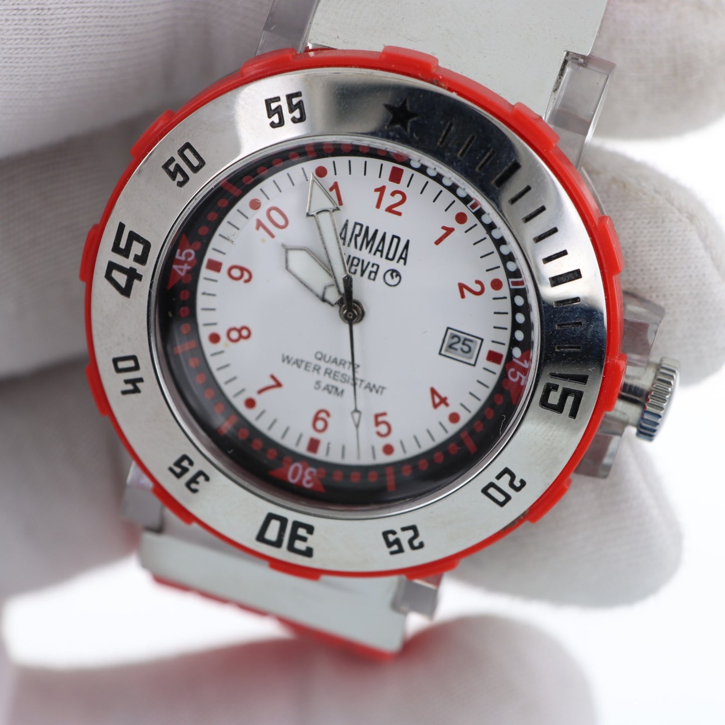 Armada Nueva – Orologio Sport Diving Quadrante Bianco Bezel Rosso Quartz Water Resistant 5ATM con Data