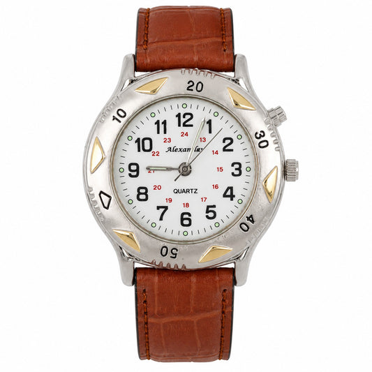 Orologio Vintage Alexander Quartz Uomo Oversize Cinturino Pelle Marrone Anni 90