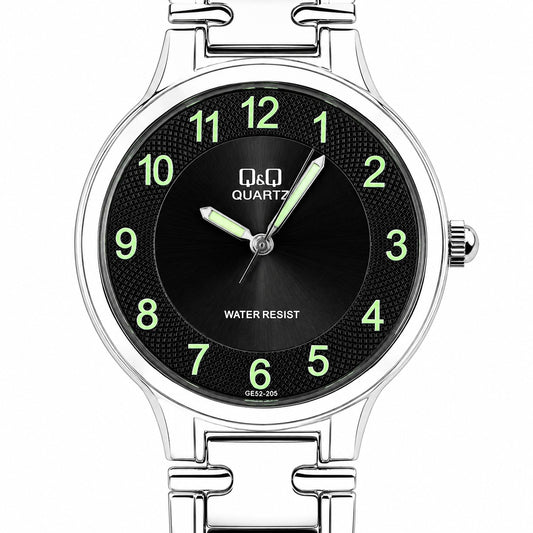 Q&Q Quartz GE52-205 – Orologio Acciaio Silver Quadrante Nero Guilloché Luminescente