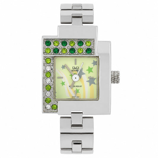 Q&Q Quartz GC01-222 – Orologio Donna Acciaio con Cristalli Verdi e Stelle