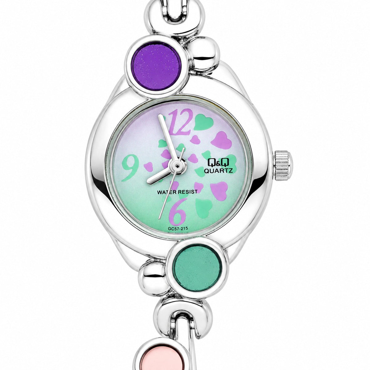Q&Q Quartz GC57-215 – Orologio Donna Bracciale Cabochon Colorati e Cuori