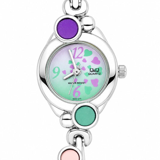 Q&Q Quartz GC57-215 – Orologio Donna Bracciale Cabochon Colorati e Cuori