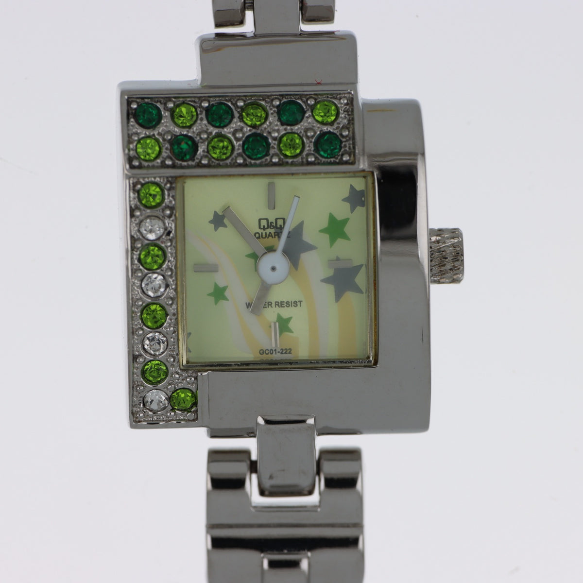 Q&Q Quartz GC01-222 – Orologio Donna Acciaio con Cristalli Verdi e Stelle