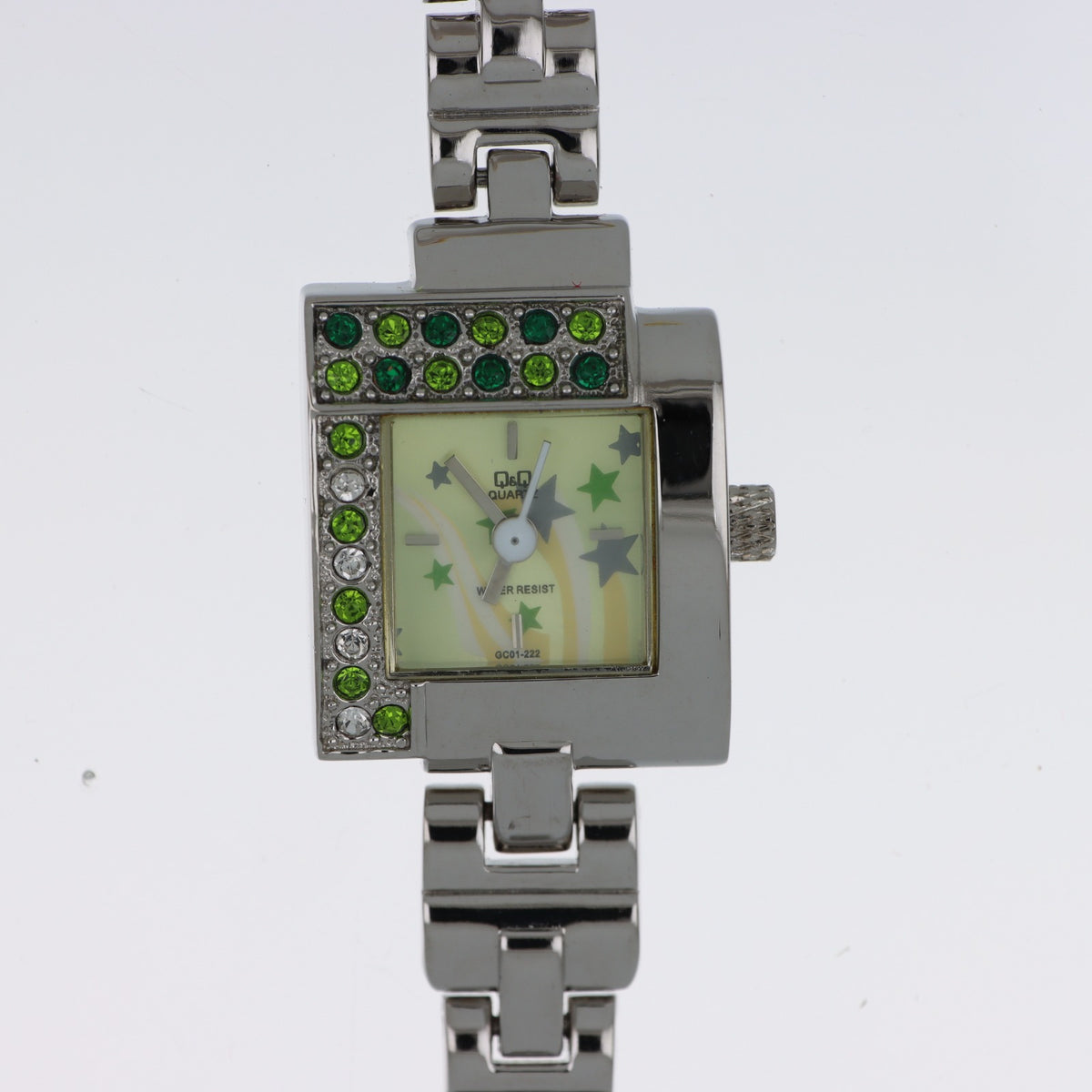 Q&Q Quartz GC01-222 – Orologio Donna Acciaio con Cristalli Verdi e Stelle