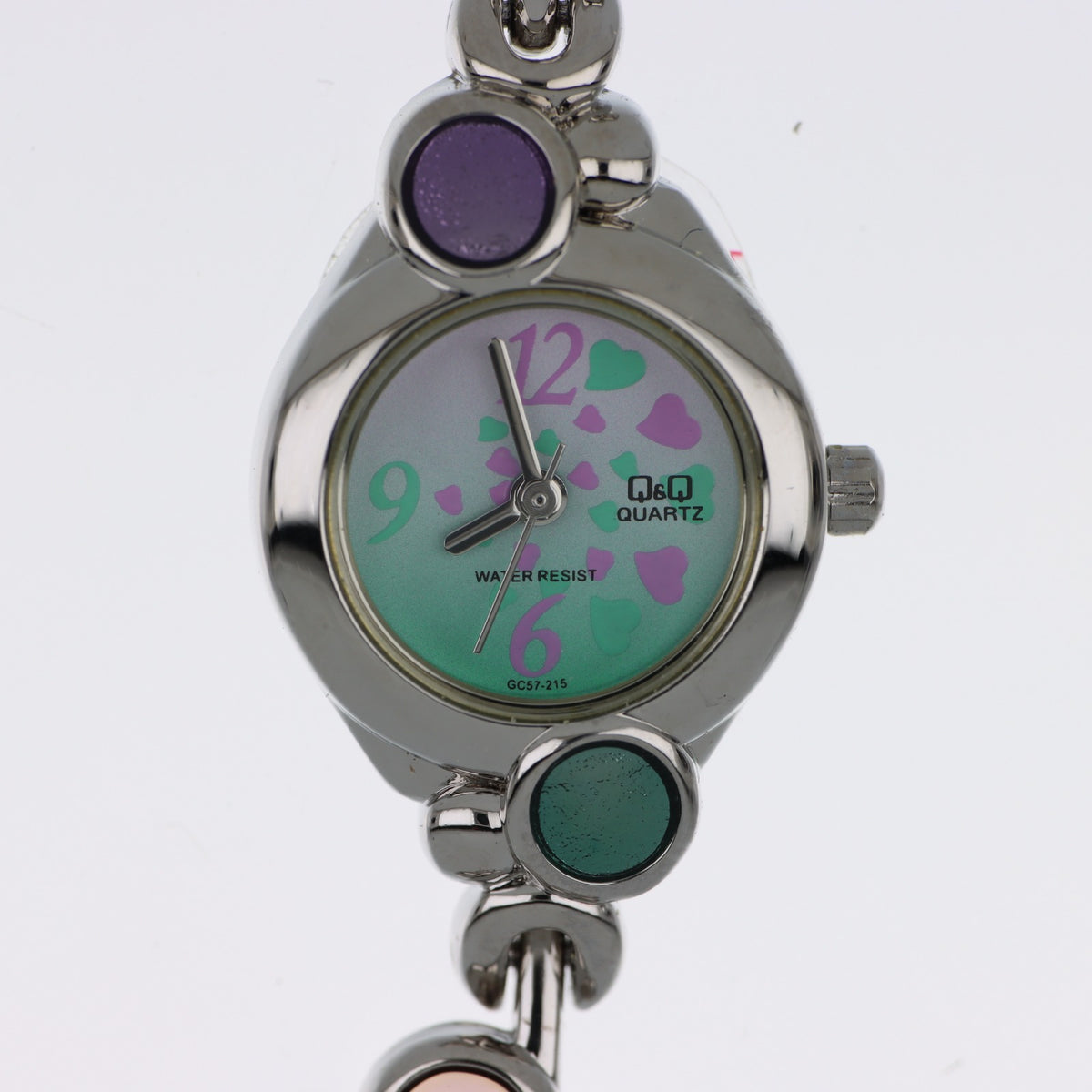 Q&Q Quartz GC57-215 – Orologio Donna Bracciale Cabochon Colorati e Cuori