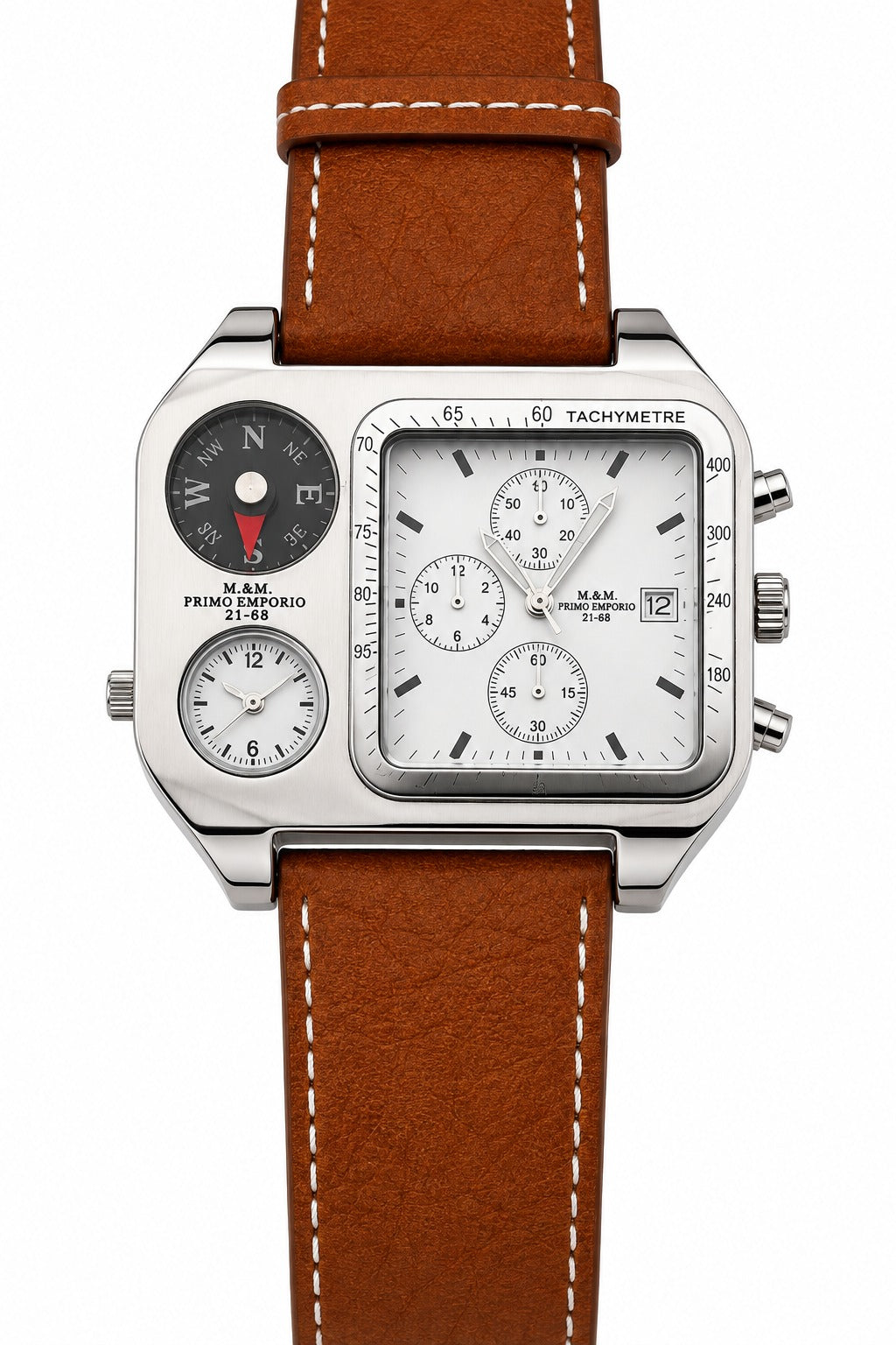 Orologio M&M Primo Emporio 21-68 con bussola, secondo fuso orario, cronografo tachimetrico e cinturino in pelle cuoio cognac