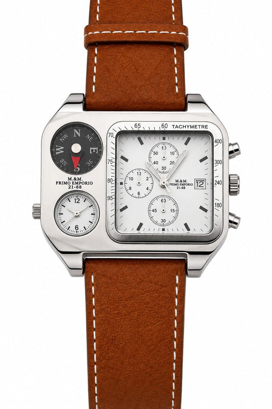 Orologio M&M Primo Emporio 21-68 con bussola, secondo fuso orario, cronografo tachimetrico e cinturino in pelle cuoio cognac