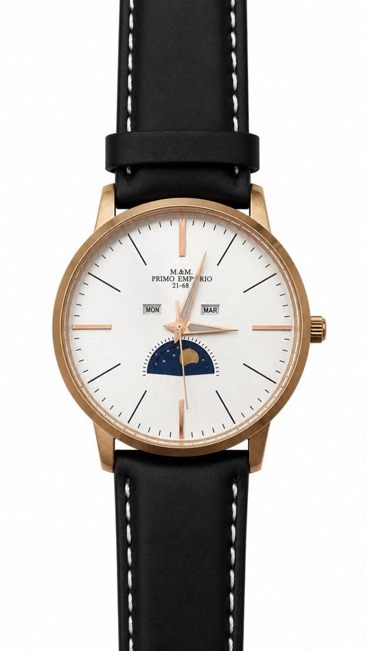 Orologio M&M Primo Emporio 21-68 Moon Phase fronte: quadrante bianco con fase lunare blu stellata, lancette oro rosa e cinturino vera pelle nera