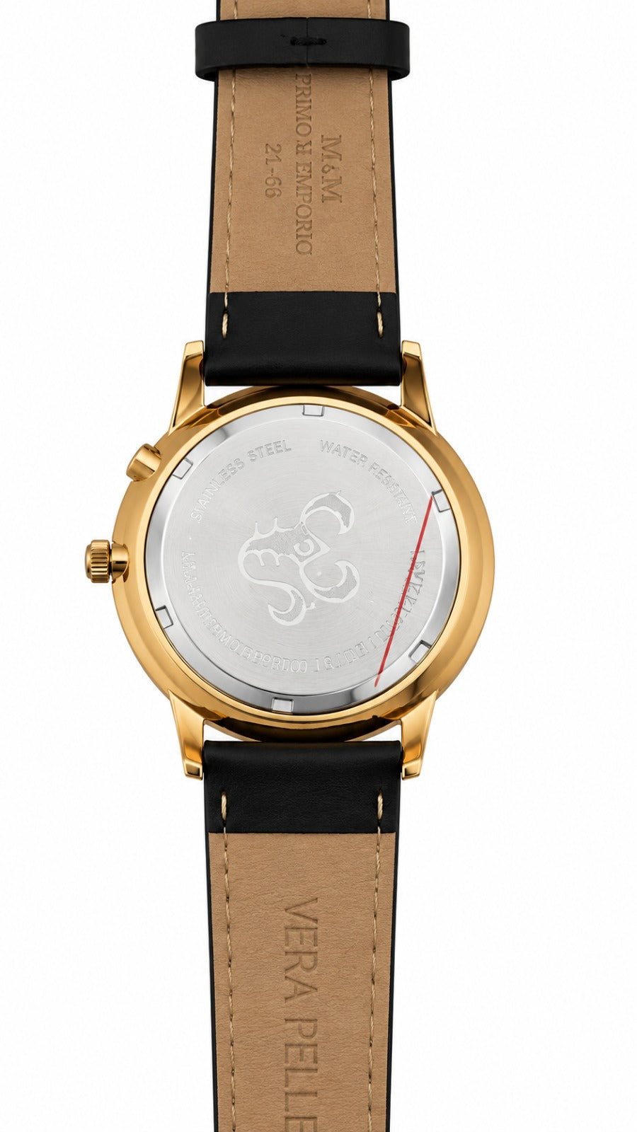 Retro orologio M&M Primo Emporio 21-68 Moon Phase: fondello oro con logo inciso, water resistant, scritta vera pelle sul cinturino