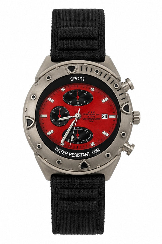 Orologio cronografo M&M Primo Emporio Sport con quadrante rosso, lunetta in acciaio e cinturino NATO nero