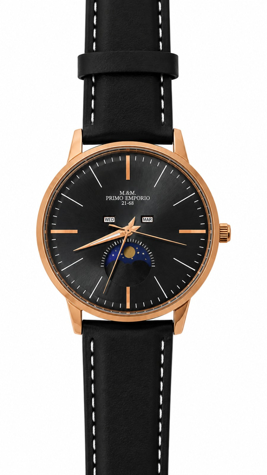 Orologio M&M Primo Emporio 21-68 Moon Phase fronte: quadrante nero con fase lunare blu, lancette oro rosa e cinturino vera pelle nera