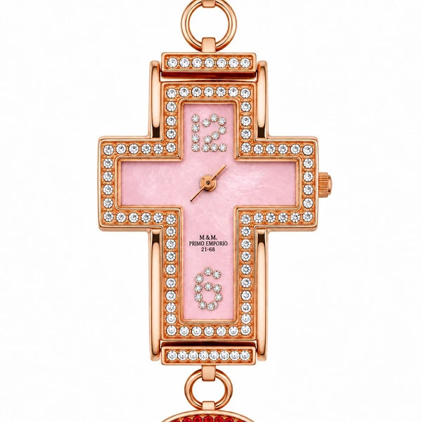 M&M Primo Emporio 21-68 Cross Crystal – Orologio Donna Cassa Croce Oro Rosa Cristalli Pavé | Rosa, Nero o Bianco