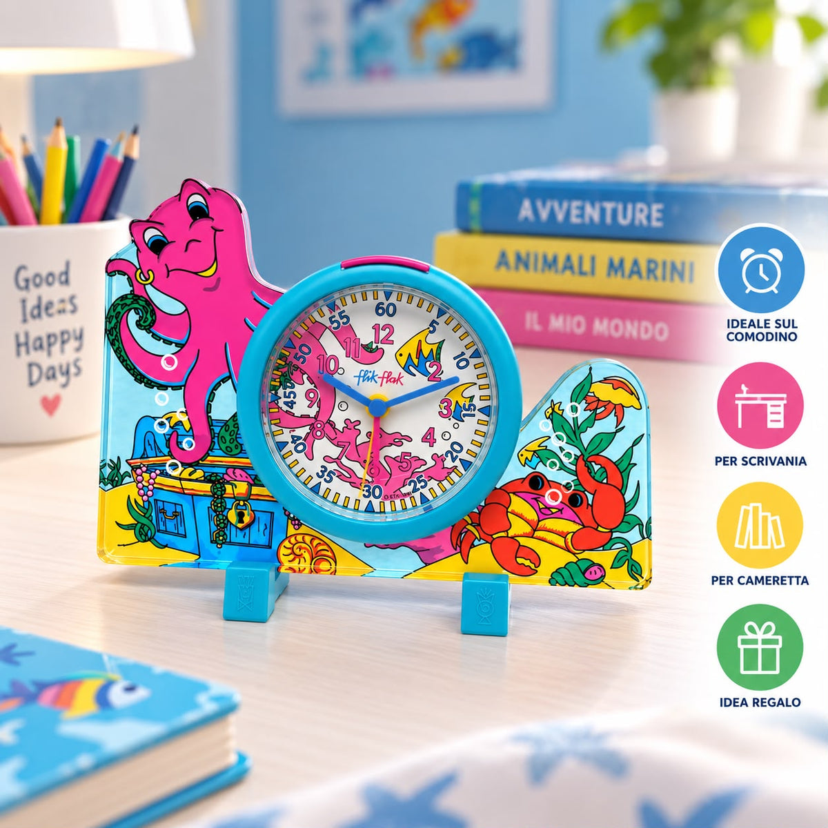 Sveglia da tavolo Flik Flak azzurra per bambini con grafica di animali marini e quadrante analogico educativo