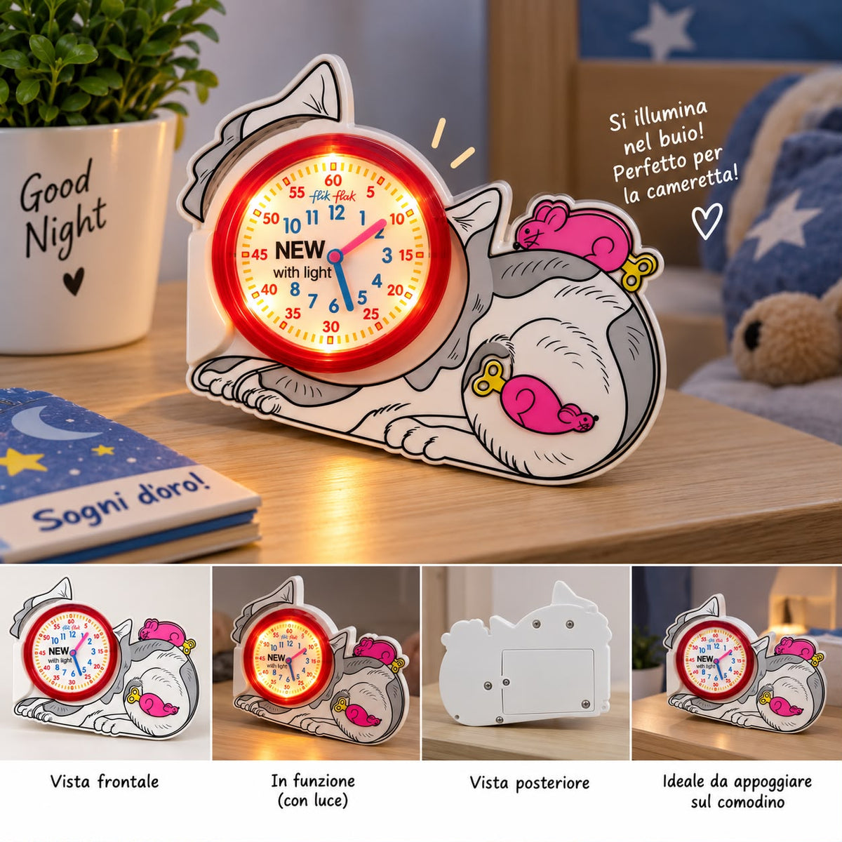 Flik Flak by Swatch — Sveglia Bambini Gatto con Topini Mobili e Luce Integrata