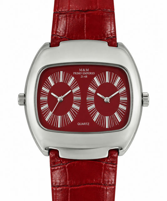 Orologio M&M Primo Emporio unisex rosso con doppio quadrante Dual Time e cassa squadrata