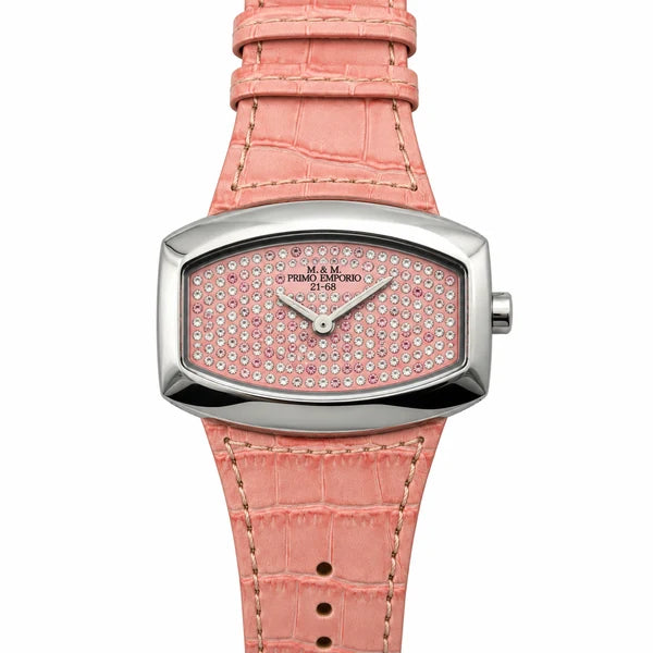 M&M Primo Emporio – Orologio Donna Barrel Pavé Cristalli Cinturino Coccodrillo | Verde Acqua, Rosso, Giallo o Rosa