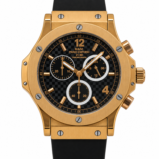 Orologio Cronografo M&M Primo Emporio 21-68 al Quarzo, Cassa Oro e Quadrante Nero a Scacchiera
