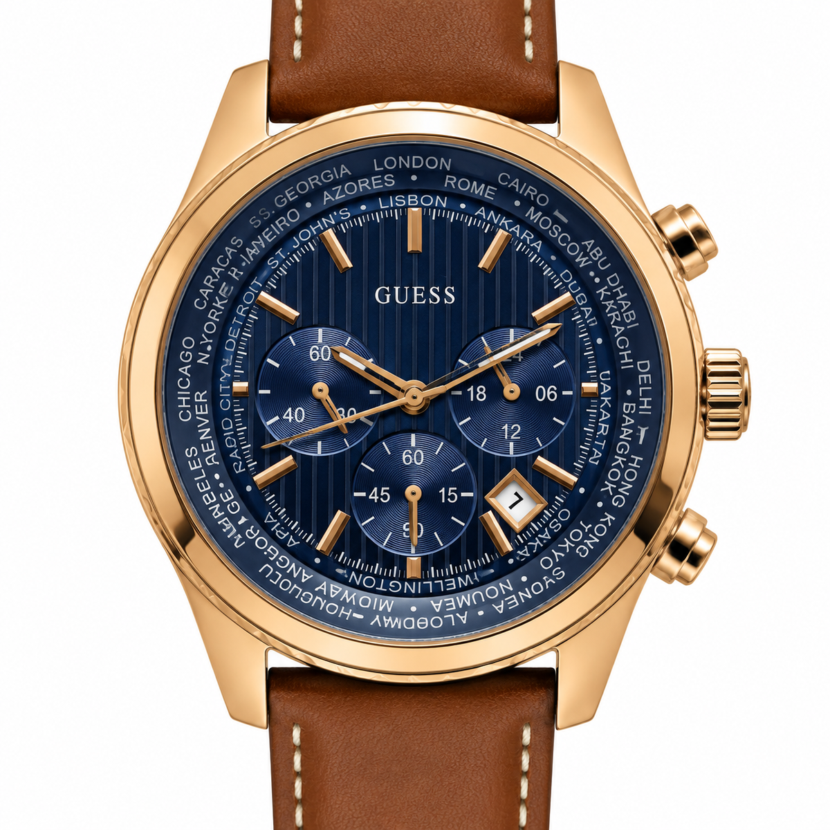 Orologio Guess W1056G1 con quadrante blu, cassa dorata e cinturino in pelle marrone