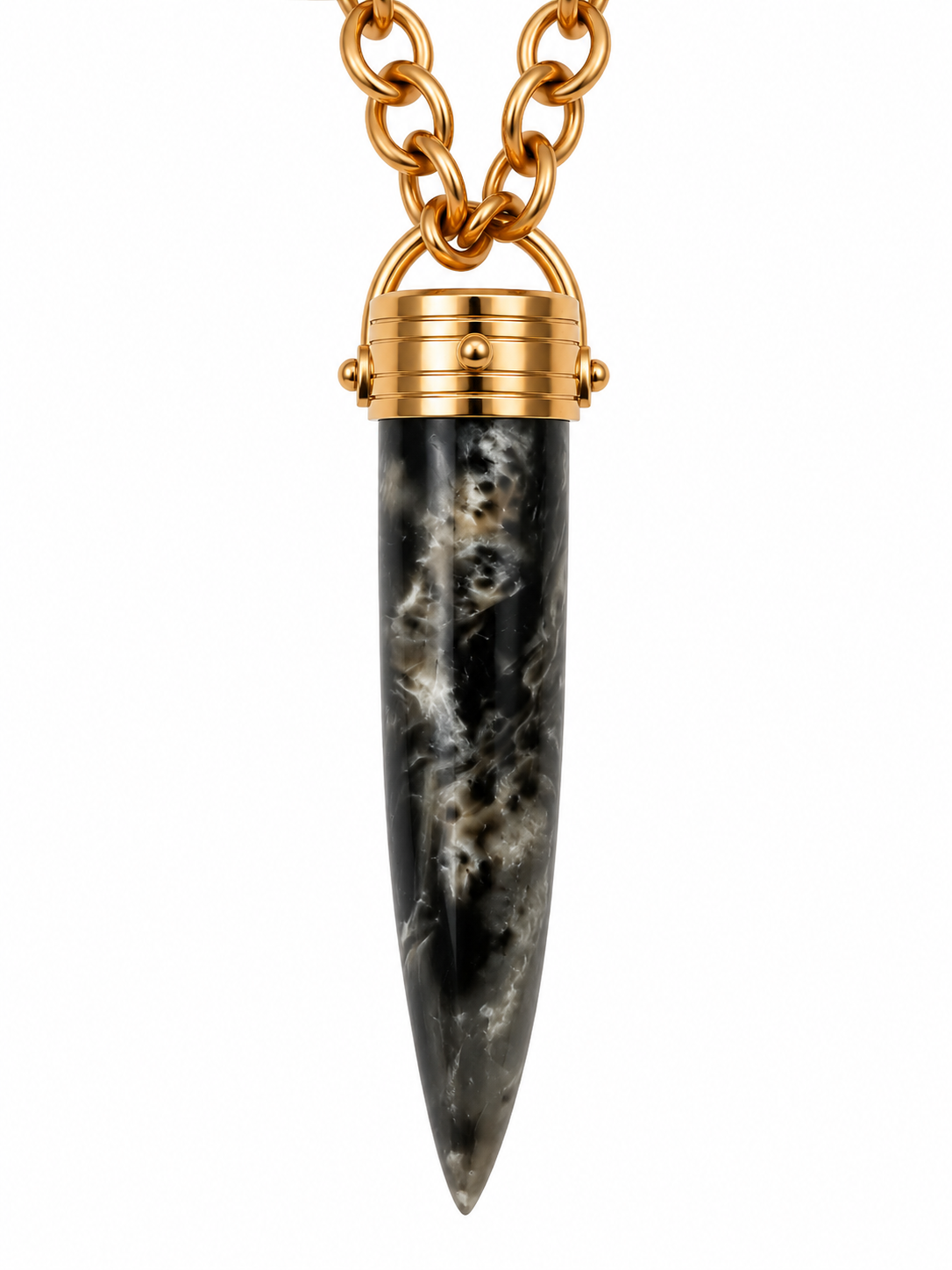 Collana Statement Pendente Corno Pietra Grigio Blu Marmorizzata Catena Rolo Oro